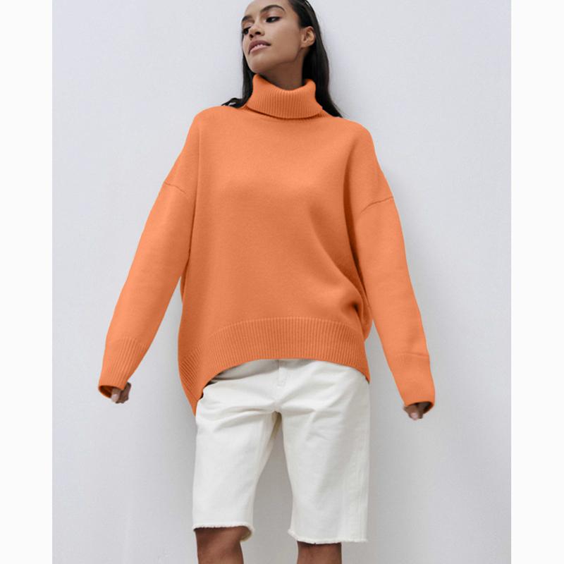 Hirsionsan Pulover tricotat cu gât roscat solid pentru femei, iarnă, nou, îngroșat, cald, cu mânecă lungă, pulover, lejer, de bază, tricotaj pentru femei