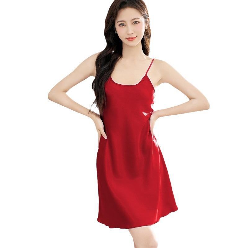Female Sexy Ice Silk Suspender Skirt Thin Nightdress Summer Simulation Silk Pajamas Spring and Autumn Loungewear