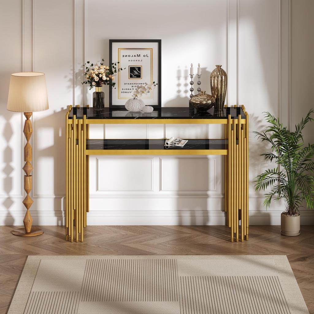 Console Table Two-tier Open Shelves, Small Narrow Sofa Table Living Room, Entrance, Hallway, Stable Metal Frame, 124cm, Black & Gold