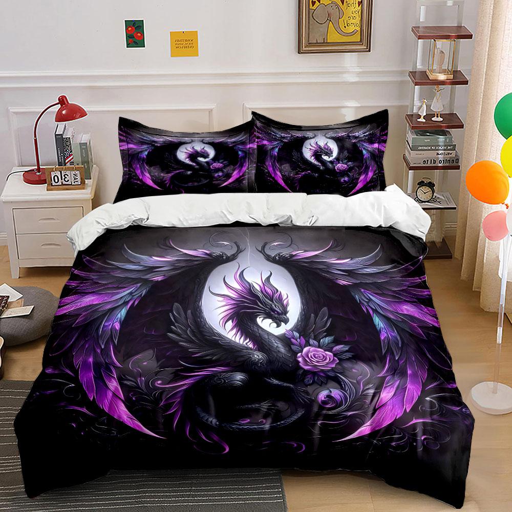 Dark Fantasy Black Dragon and Purple Rose Bedding Set for Kids Luxury Gift 3pcs Digital Print Comforter Set Soft Comfortable