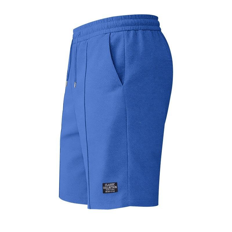 Men Casual Waffle Drawstring Elastic Waist Loose Beach Knee Length Shorts