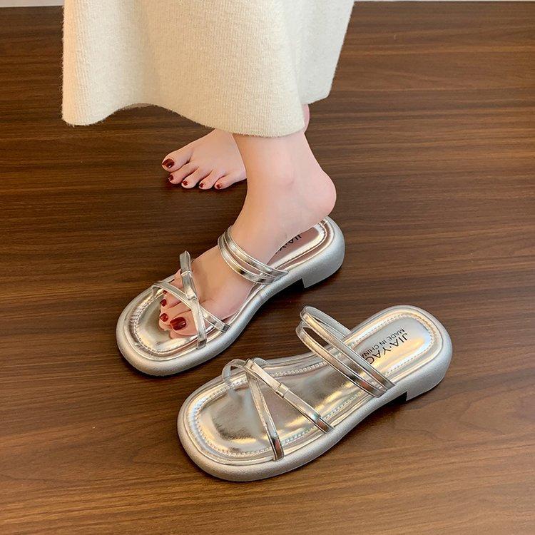 Silver bow slippers women's summer wear new fashion sandals with skirt thick heel cool slippers