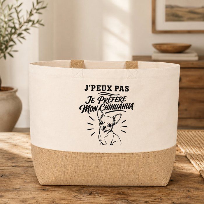 Sac J’peux pas je préfère mon Chihuahua J'peux pas minimaliste | Cabas en Coton avec Fond Jute 18 L 48 × 37 × 13 cm | Marché
