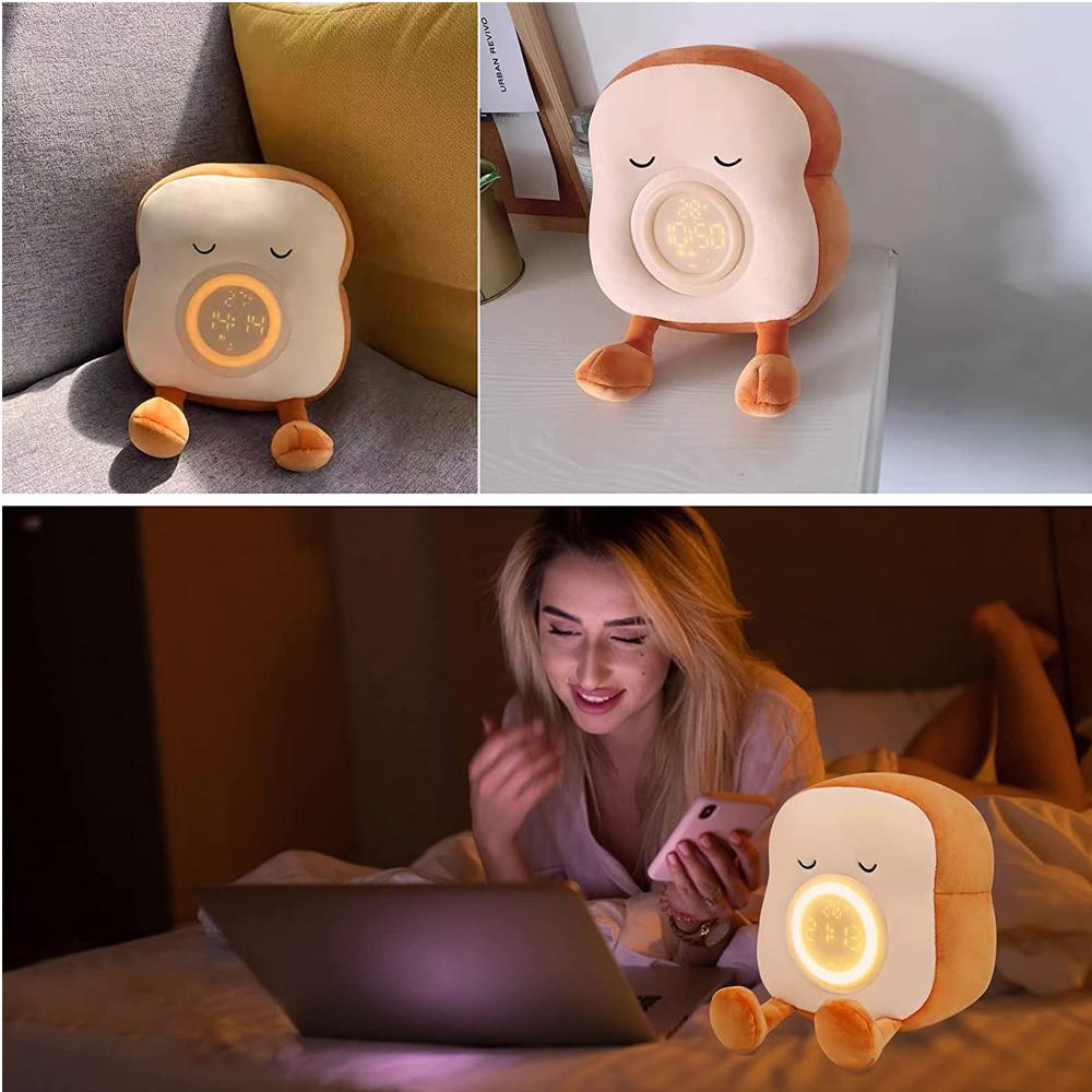 D2 Toast Plush Alarm Clock Lamp Rechargeable Dimmable Bedside Bedroom Clock with Dual Snooze Alarm Kids Cute Decor Night Light