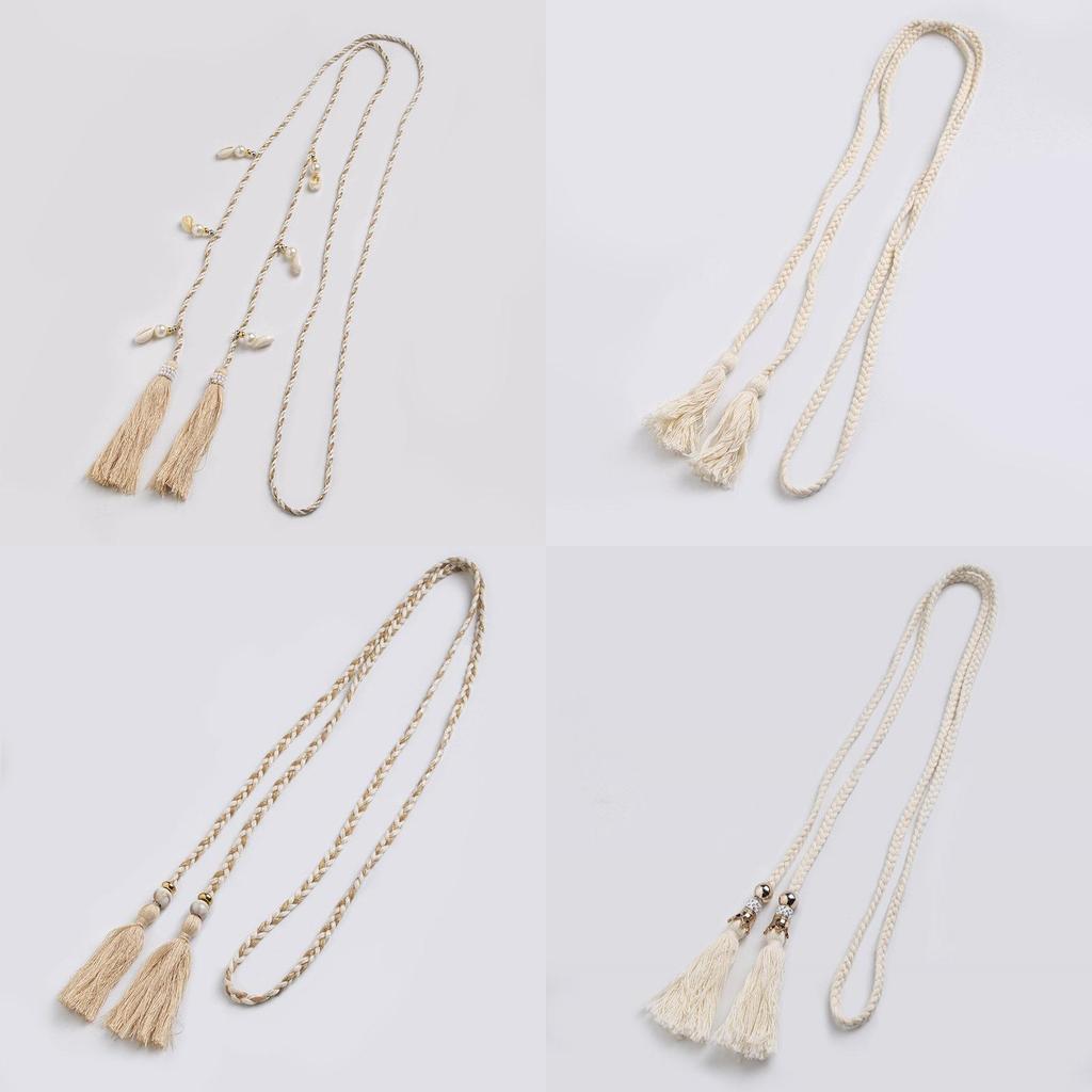 Ethnic Style Cotton Linen Waist Rope With Wooden Beads And Tassels For Casual Wear