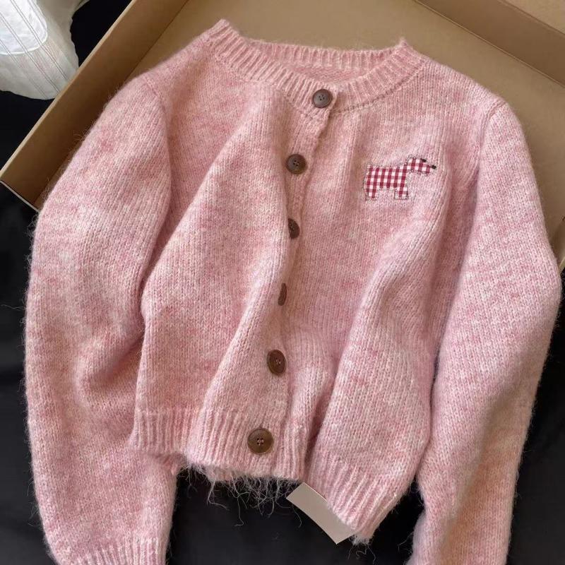 Retro puppy sticker soft glutinous sweater cardigan women's autumn and winter wear loose lazy wind knitted sweater top