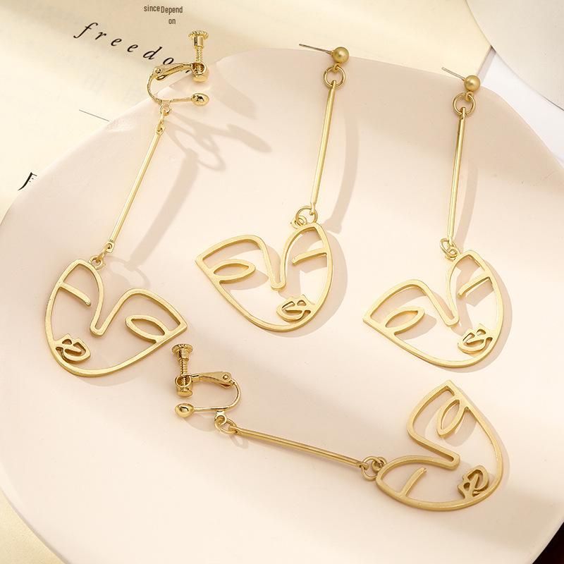 

S925 Silver Needle Abstract Face Design Long Slimming Earrings Studs for Women