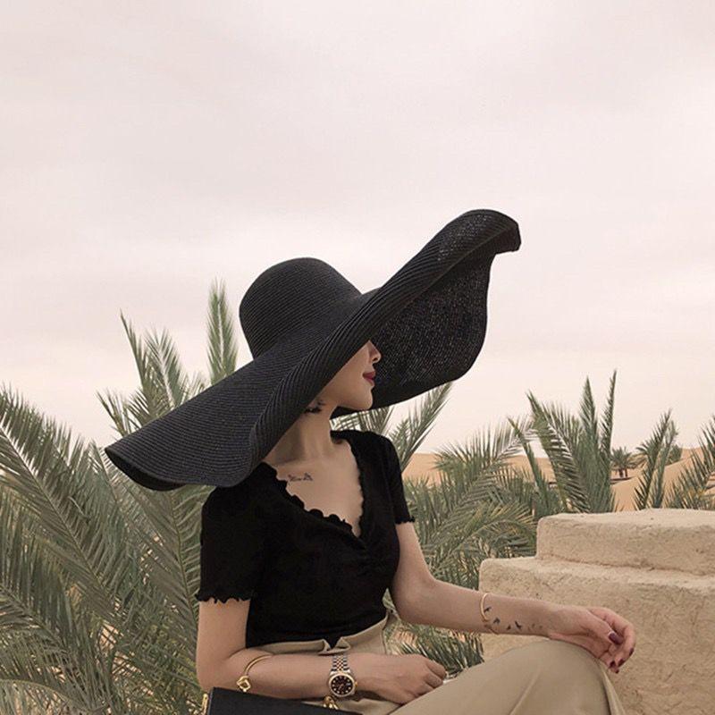 Ladies Beach Hat Fashion Large Wide Brim Sun Hat Roll Up Foldable Summer Beach Hat Big Eaves Sun Protection