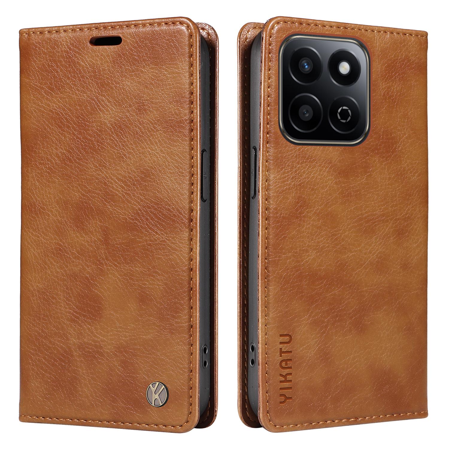 

YIKATU YK-006 For Honor Play 60 Plus 5G/Play 9T/X7c 4G/200 Smart 5G Case Magnetic Closure Leather Phone Cover Litchi Texture Brown