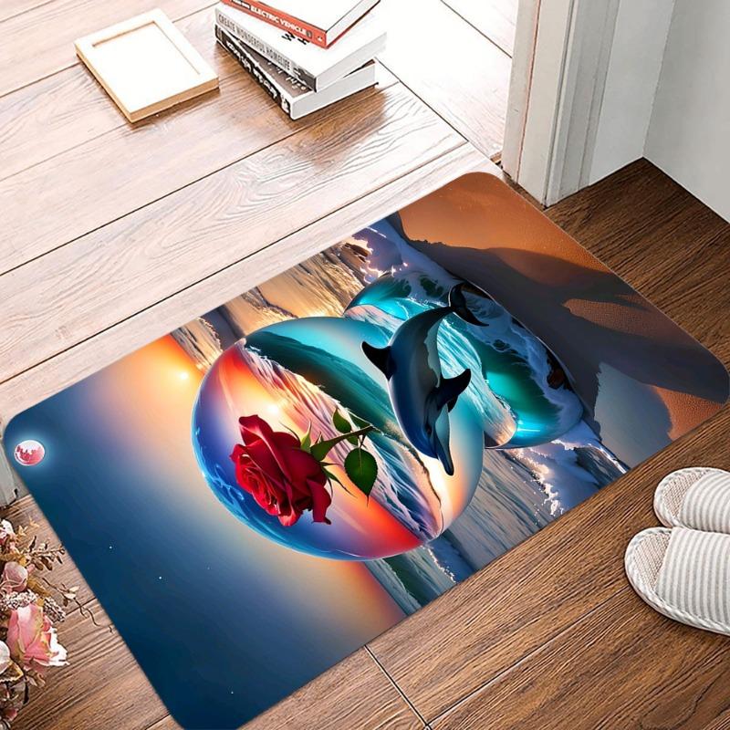 Kissing Dolphin Printing Non-Slip Small Rug Waterproof Easy To Clean Floor Mat for Indoor Outdoor Use Durable Home Decor Fashion