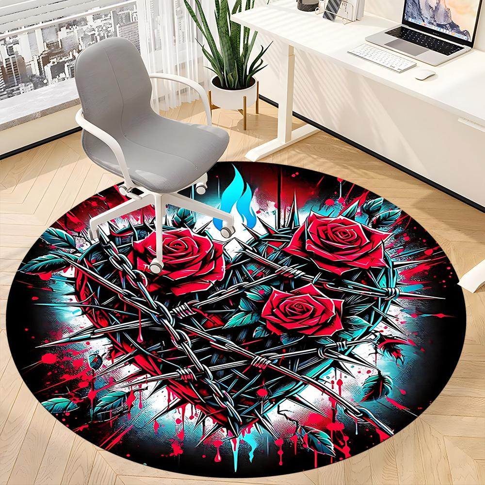 1 buc. Covor rotund pentru birou cu trandafiri din sârmă ghimpată, Antiderapant, Moale și Durabil, Covor de birou pentru Decorarea Interioară, Perfect pentru Birou