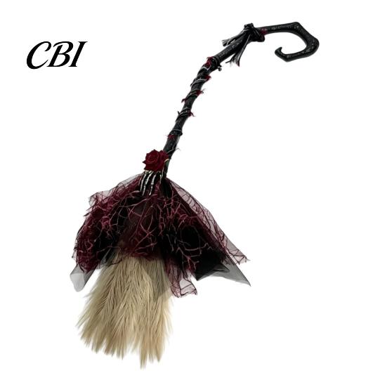 Halloween Party Decoration Witch Broom, Black Tulle Cosplay Costume, Gothic Festival Theme Prop Rose Skeleton Hand Broomstick for Party, Home