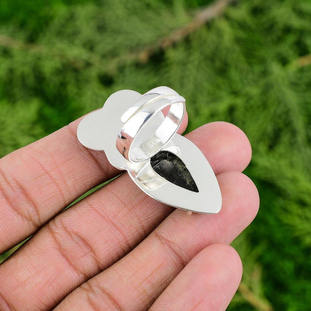 Root Chakra Black Onyx Gemstone Trendy Bezel Wife Flower Ring Jewelry 925 Silver