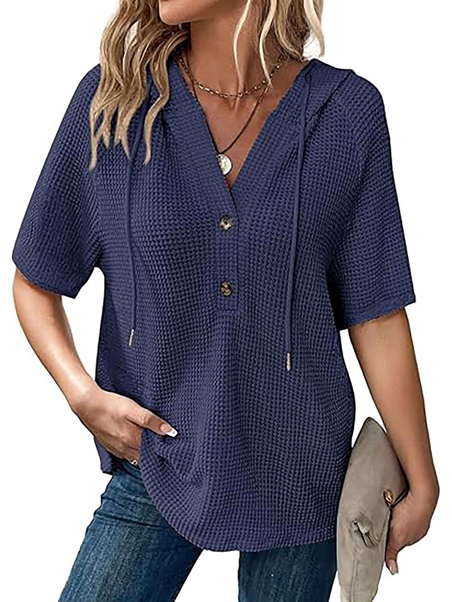 

Жіноча літня вафельна в язана толстовка - легкий топ з короткими рукавами, ґудзиками та V-подібним вирізом із шнурком XXL темно-синього кольору