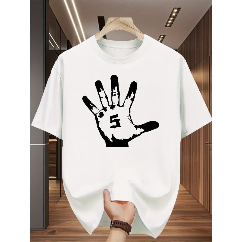 European Sizes Fashionable Casual Men'S Round Neck Short-Sleeve T-Shirt with a Number 5 Handprint Design