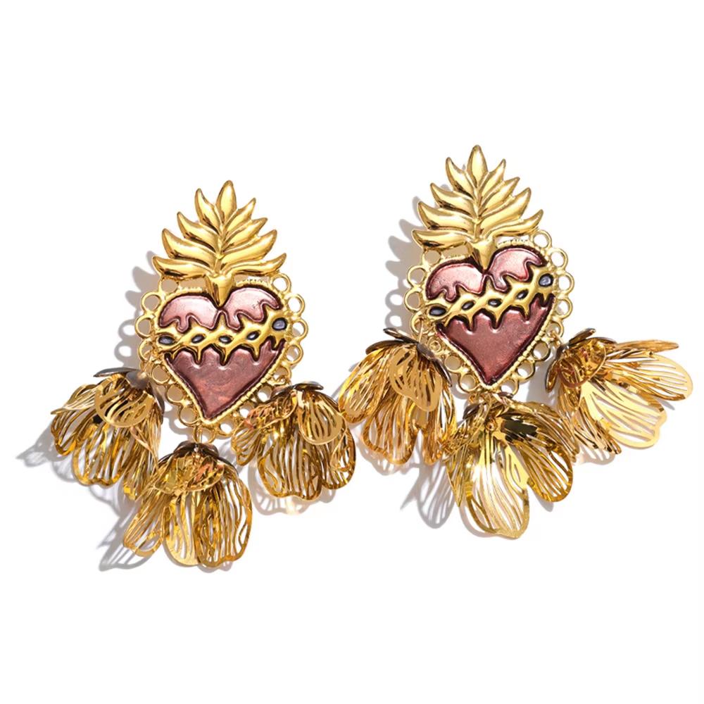 

Eetit Эксклюзивный дизайн Эмалевые серьги-капли в виде сердца и лепестков цветка из нержавеющей стали с золотым покрытием Повседневные универсальные ювелирные аксессуары золотой