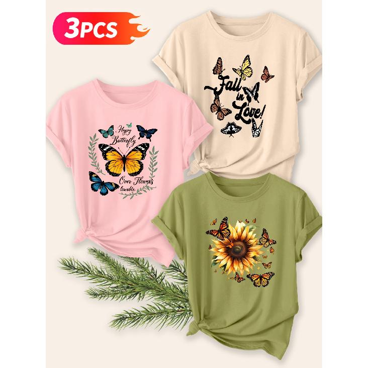 Three-piece Set Elegant Short-sleeved Shirt for Women Butterfly and Sunflower Print Round Neck Women's T Shirt Suitable for Spring