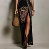 Sommer Damen Boho Maxikleid Sexy Tiefes V-Ausschnitt Ärmellos Hoher Schlitz Langes Kleid Frühling Vintage Muster Druck Party Urlaubs Kleid