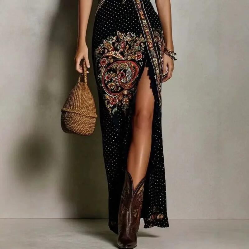 Sommer Damen Boho Maxikleid Sexy Tiefes V-Ausschnitt Ärmellos Hoher Schlitz Langes Kleid Frühling Vintage Muster Druck Party Urlaubs Kleid