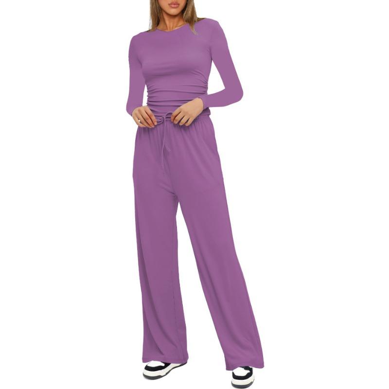 Autumn Women's Casual Pant Suit Pleated Decoration Solid Color Long Sleeve Top High Waisted Wide Leg Pants Sweatshirt