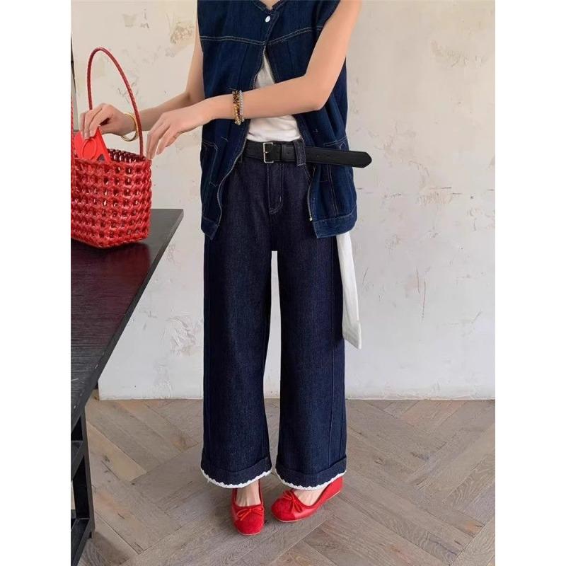 

Кружевные джинсы с высокой талией и широкими штанинами для женщин на лето, свободные и облегающие, длиной до щиколотки, маленькие, универсальные прямые брюки XXL