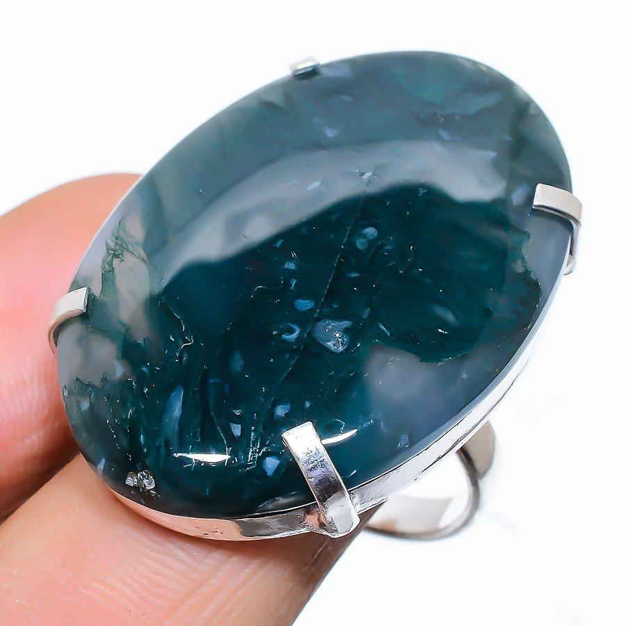 Moss Agate Gemstone Handmade 925 Sterling Silver Jewelry Ring Size 10 b4W63