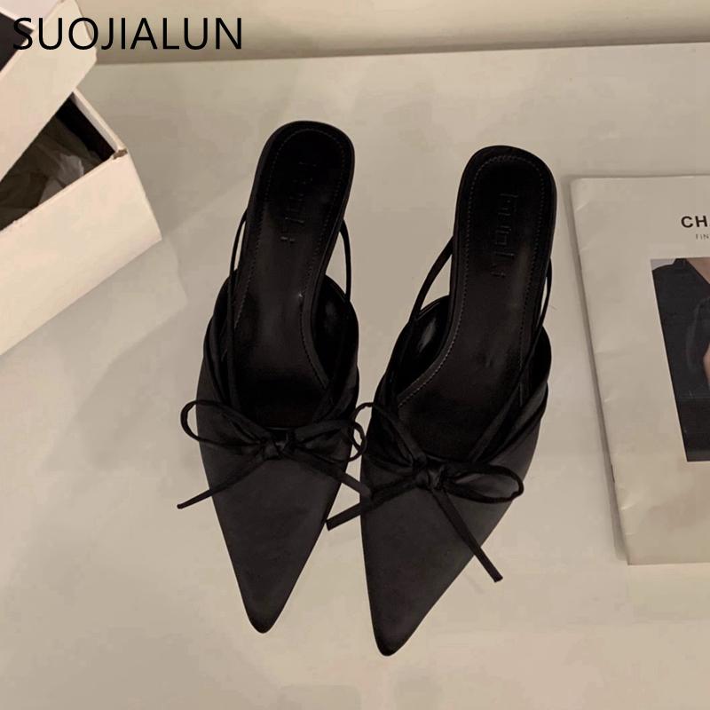 Fashion SUOJIALUN 2025 Spring New Brand Women Mules Shoes Fashion Square Low Heel Outdoor Dress Slides Pointed Toe Slip On Mules Shoes