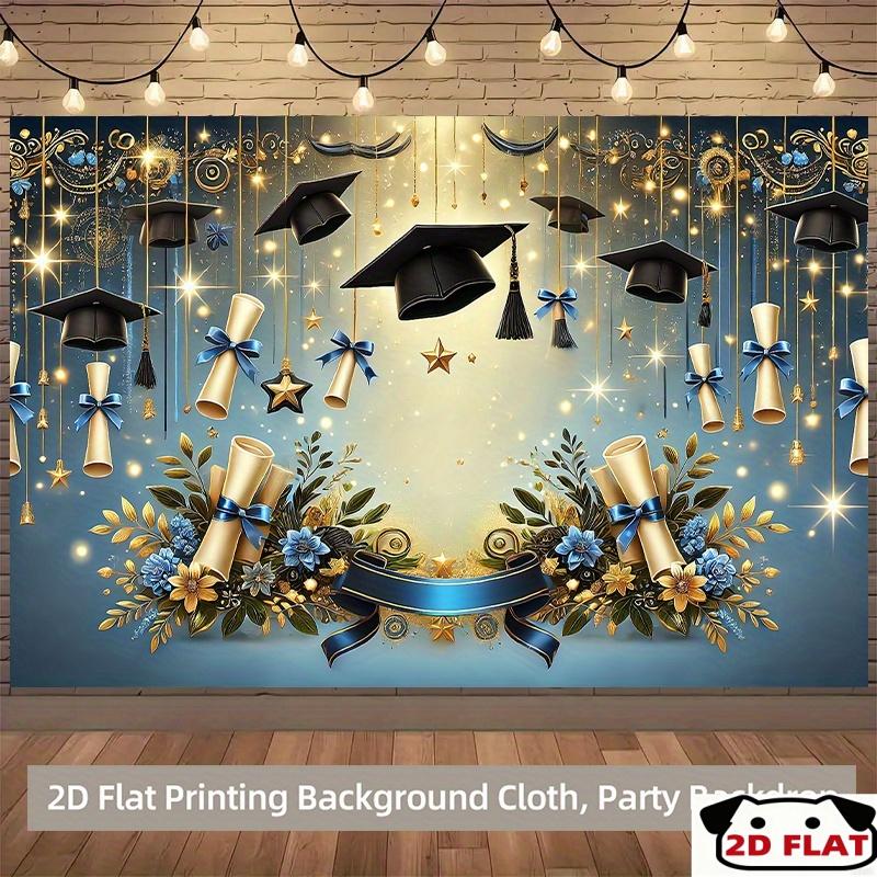 2D Flat one banner graduation celebration theme - featuring gold tassels graduation caps stars and blue ribbons elements