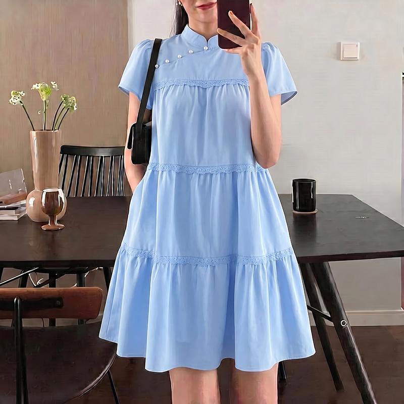 ZANZEA Women Elegant Casual Stand Collar Solid Color Loose Short Sleeve Dress M синий