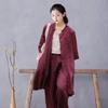 Women's Wine Red Ramie Two-Piece Set: Stand Collar Shirt & High-Waisted Wide-Leg Pants - Chinese Style Summer Wear