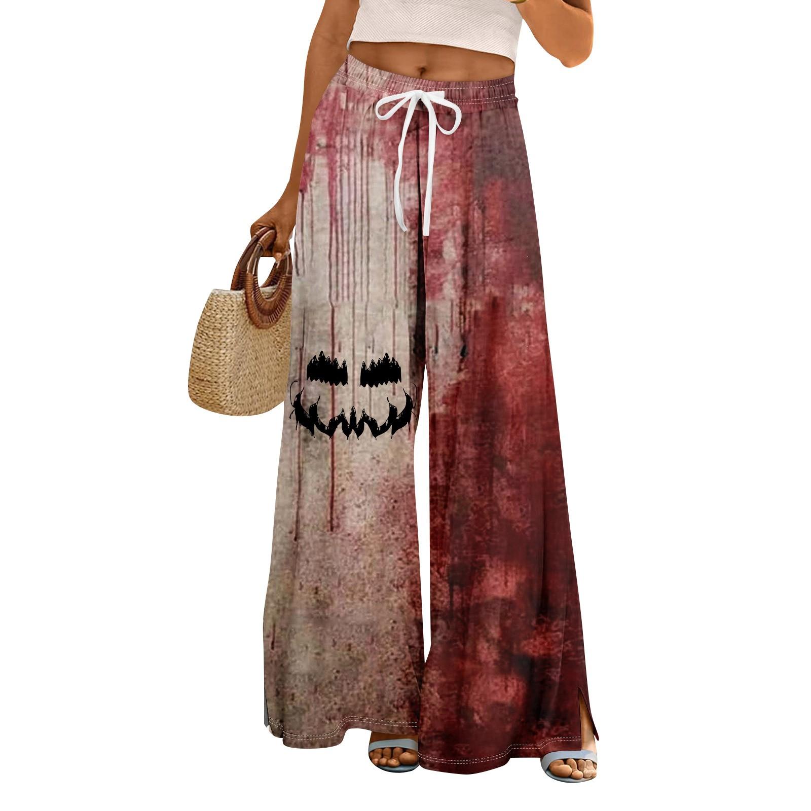 

Женские летние брюки палаццо в стиле бохо с высокой талией и широкими штанинами, с принтом на Хэллоуин, повседневные брюки с карманами M красный