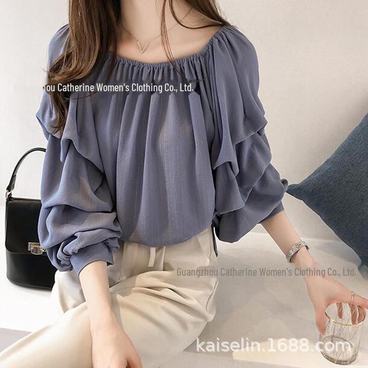 

Шифоновая рубашка на одно плечо в корейском стиле 2023 года: Элегантный весенне-осенний топ-пузырь, однотонный, облегающий крой L