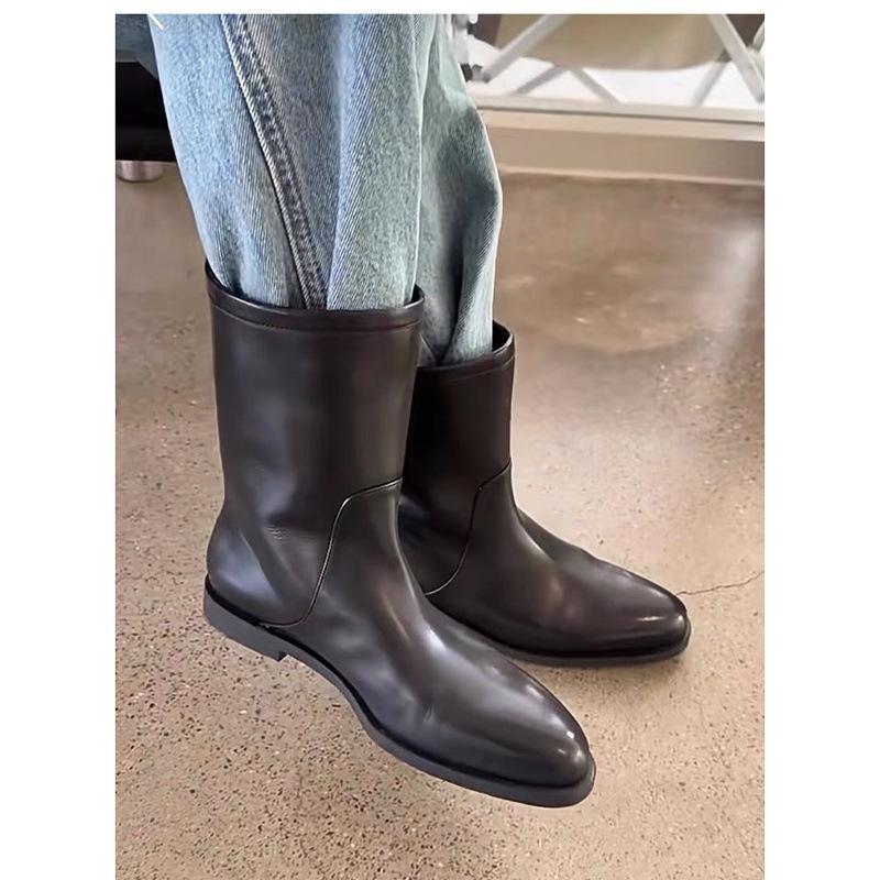 Sheepskin Version~ High-end Leather Thick-soled Medium Boots Women's Winter New Wide Martin Boots Knight Locomotive Boots Short Boots