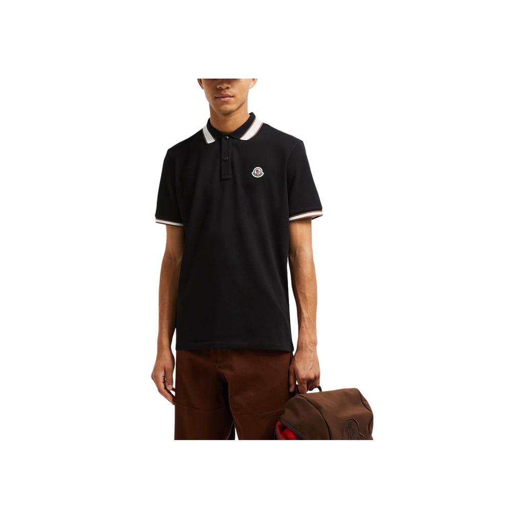 Moncler Logo Striped Trim Short Sleeve Polo Shirt Men Polo Shirts Black J20918A0001889A16999