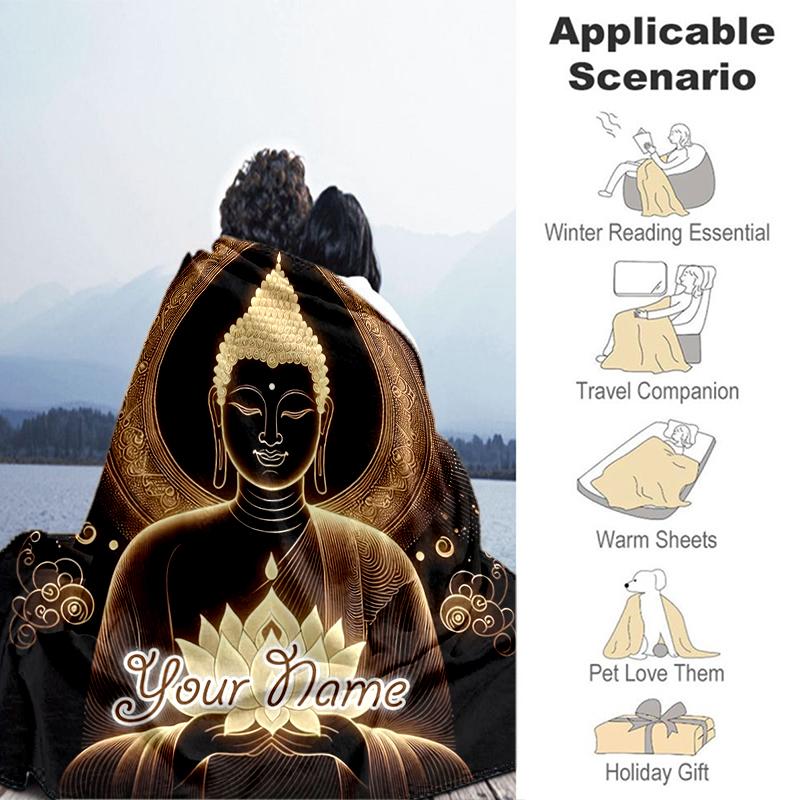 1PC Custom Name Buddha Enlightenment Lotus flannel blanket versatile, all-season throw suitable for the living room, bedroom, camping, travel, and gif