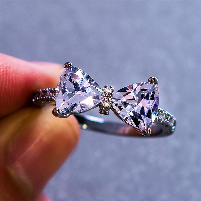 Cute Female White Bowknot Zircon Stone Ring Simple  Color Thin Wedding Jewelry For Women