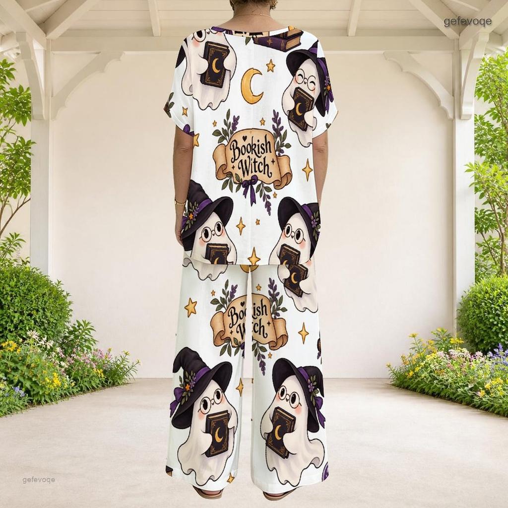 Women Plus Size Halloween Dog Printed Round Neck Short Sleeve Top Wide Leg Pants Two Piece Set
