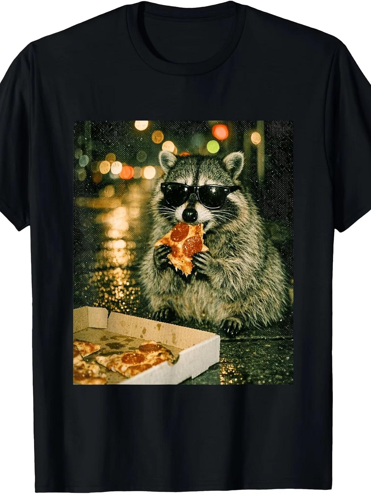 Funny Raccoon Eating Pizza T-Shirt - Retro Trash Panda Meme Graphic Tee Suitable XS
