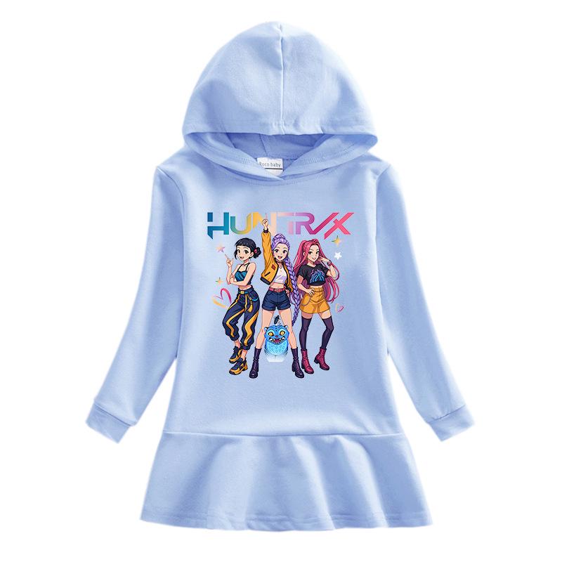 Kpop Monster Hunter Girl Group Ruffle Cartoon Rainbow Long Sleeve Hooded Princess Dress for Kids