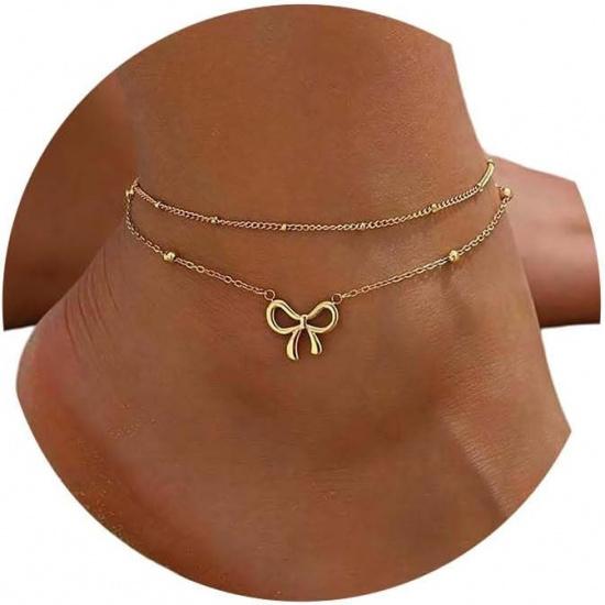 NONAMOIS 18K Gold Plated Ankle Bracelets for Women Waterproof | Stainless Steel Gold CZ Cross Layered Bow Link Chain Anklets Non Tarnish Summer Beach
