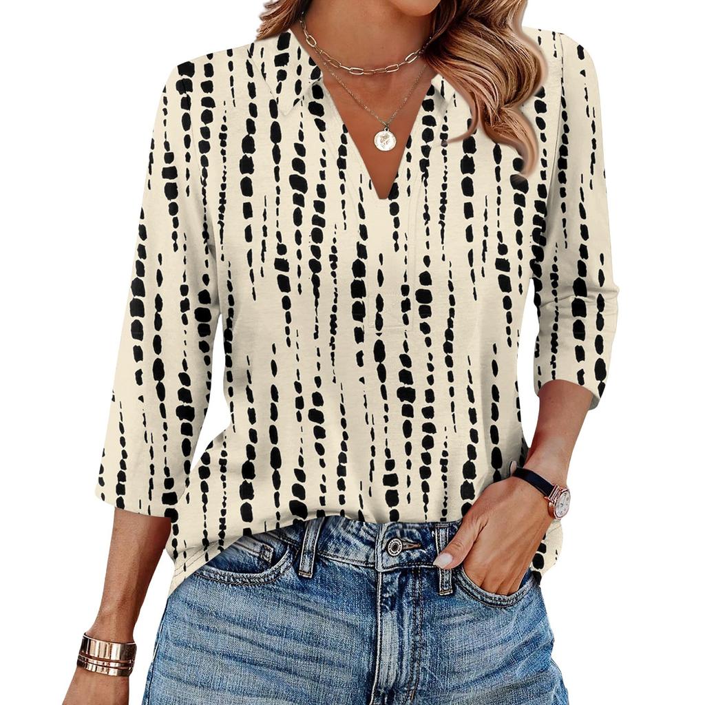 Women's Fashionable Casual Lapel T-Shirt With Striped Patchwork Print Seven Quarter Sleeve Top