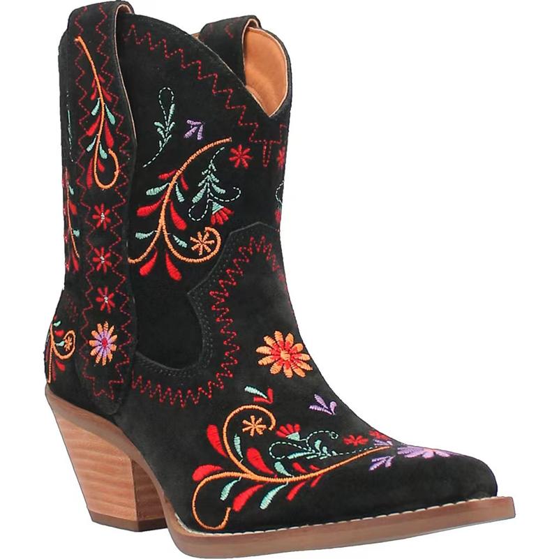 Women Ankle Short Boots Round Toe Thick High Heels Embroidery Flower Western Cowboy Boots Ladies Fashion Shoes Winter 46