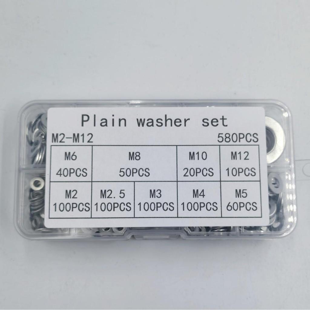 580-Piece Stainless Steel Flat Washer Set M2-M12, Anti-Slip