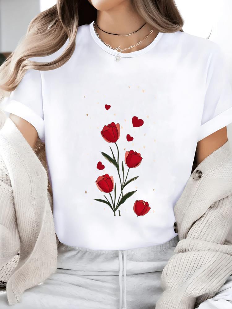 (Asian Size) Butterfly Flower Cute Print Short Sleeve T-shirts Fashion O-neck Female Casual Women's Top T Clothing Graphic Tee