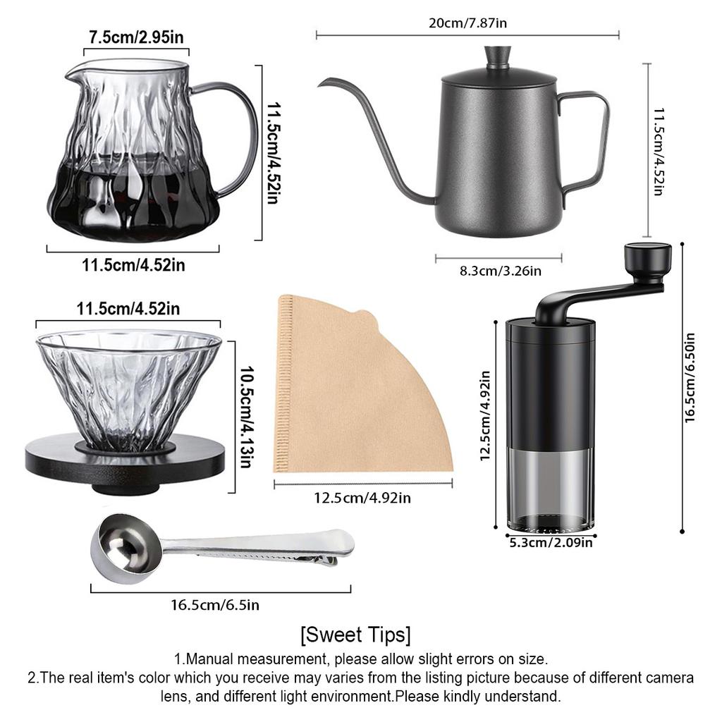 Pour Over Coffee Maker Set of 6, Pour Over Coffee Kettle, Coffee Grinder, Glass Coffee Carafe and Dripper, Spoon, Filter Paper