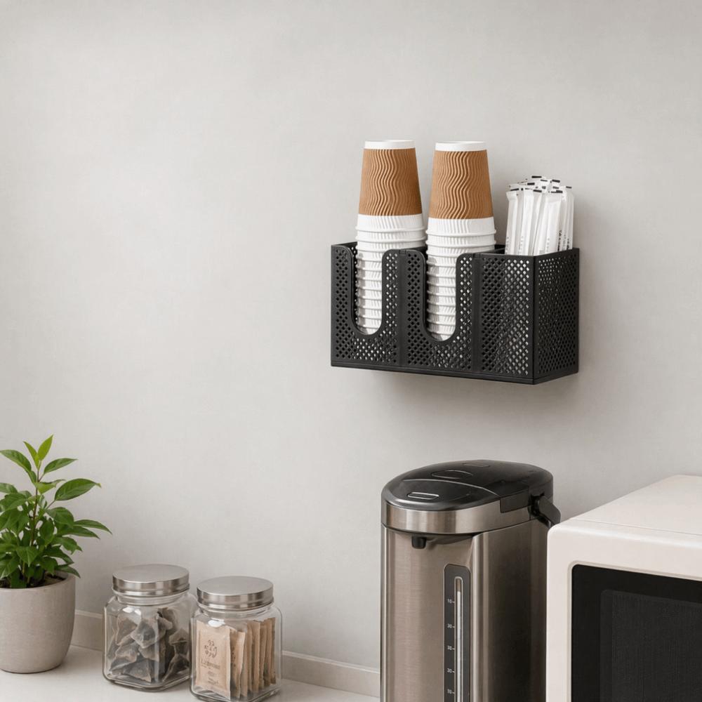 Wall Mounted Paper Cup Holder 3 Compartments Straw Organizer Coffee Cup Dispenser Home Office