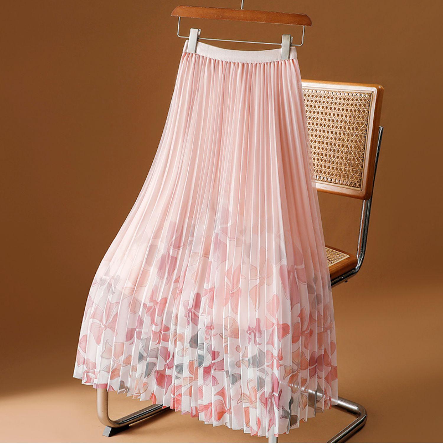 

Юбка из сетчатого принта, женская, весна-лето 2025, новая юбка из цветочного газа, юбка средней и длинной длины, плиссированная юбка с драпировкой, юбка А-образного силуэта one size fits all