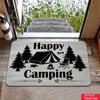Happy Camping Tent Tree Doormat Gray Background Black Silhouette Print Non Slip Indoor Entrance Rug For Outdoor Lover Home Decor