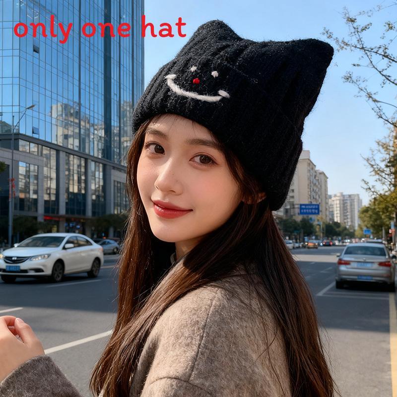 Cute Cat Ear Smile Face Knit Hat For Women Winter Warmth And Windproof Protection Black