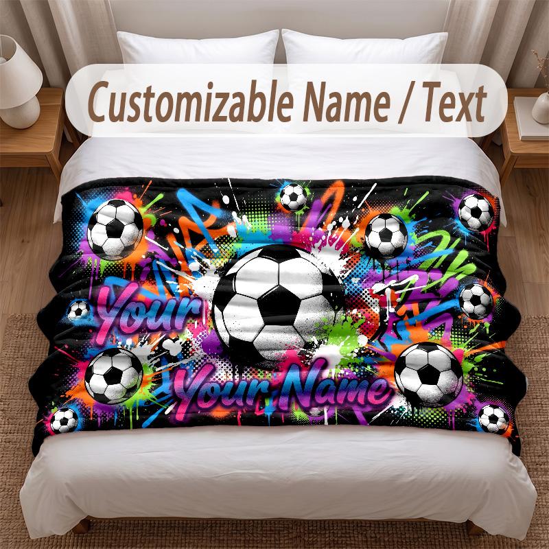 Soccer Theme Soft Blanket Personalized Custom Name Text Print Warm Blanket Home Sofa Bedroom Decor